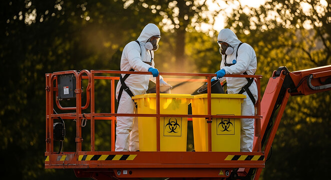 hazmat suit workers safely disposing biohazard waste during a professional decontamination and emergency response operation.