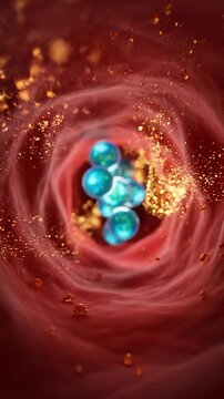 Insulin glucose blood sugar hormone medical concept inside bloodstream artery tunnel molecule and cell view with glowing particles, diabetes endocrine metabolism illustration of glucose blood vessel
