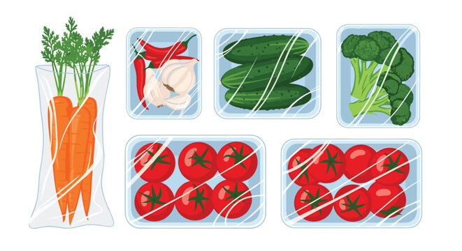 Assorted fresh vegetables including carrots, tomatoes, broccoli, and cucumbers neatly packed in transparent plastic trays for sale.