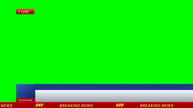 Green screen news broadcast lower third graphic with live indicator and breaking news banner for video editing