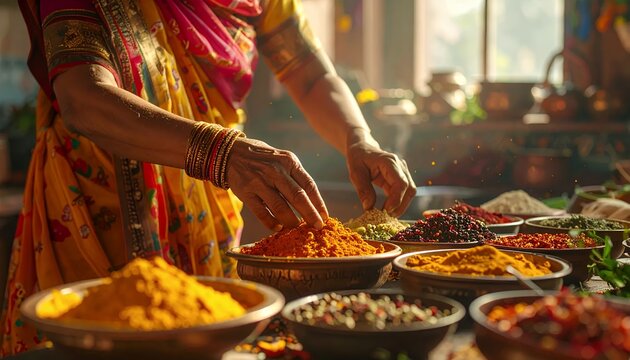 Indian woman preparing spices for cooking traditional dishes.