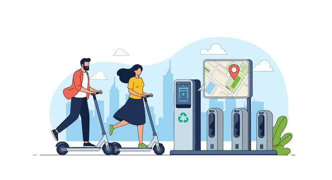 Man and woman riding electric scooters in a modern city near an ecological charging station with a map display.