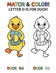 Fototapeta premium Duck match and color learning activity for kids letter d.
