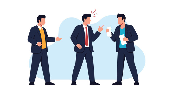 Group of businessmen in suits having a heated argument or intense discussion in a professional workplace setting vector.