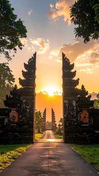 Majestic Balinese Temple Gates at Sunrise, Pura Lempuyang Luhur, Bali, Indonesia.