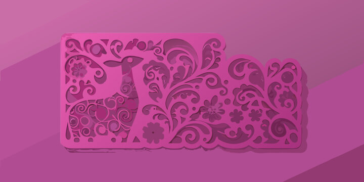 Intricate pink deer silhouette with floral and leafy papercut design