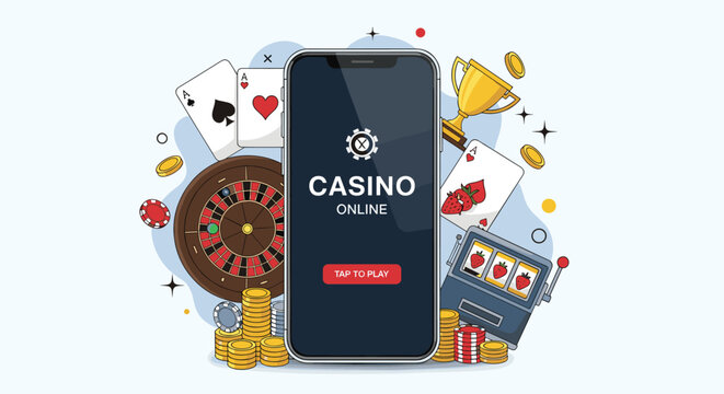 Mobile gambling concept featuring a smartphone surrounded by poker cards roulette wheel slot machine and gold coins vector.