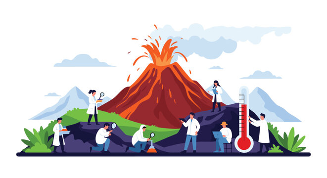 Group of volcanologists in protective gear conducting scientific research and taking measurements near an erupting volcano vector.