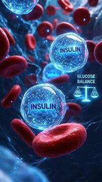 Insulin glucose blood sugar hormone medical diabetes control showing red blood cell bloodstream, endocrine metabolism 3d illustration of insulin hormone helping glucose balance for medical diabetes