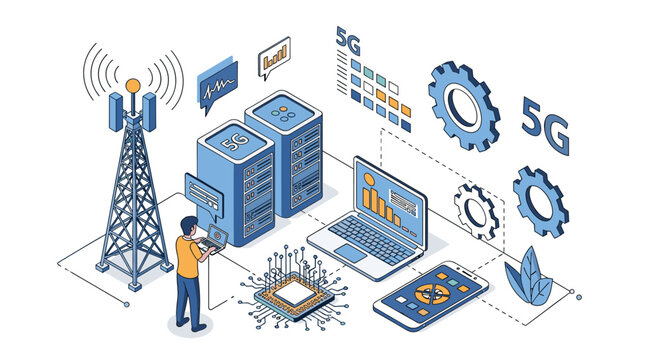 Modern 5G network technology concept showing telecommunication towers servers and data processing isometric vector illustration.