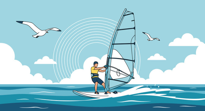 Adventurous person windsurfing on vibrant blue ocean waves under a clear sky with seagulls flying in a stylized vector art scene.