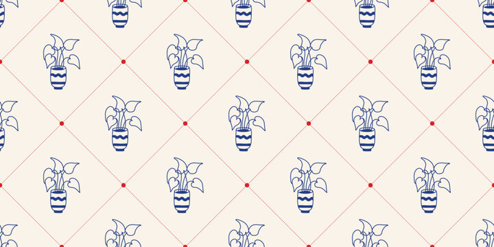 Seamless pattern with houseplants. Cute print with diamonds and plants in ceramic pots. Continuous background for packaging and design, vector graphic