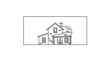 Fototapeta premium Hand-drawn sketch of an old, weathered house with a porch and chimney, isolated on white.