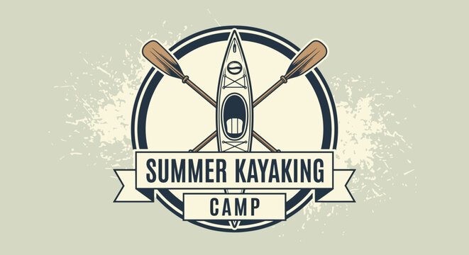 Vintage style logo for a summer kayaking camp featuring a kayak and crossed paddles within a circular emblem.