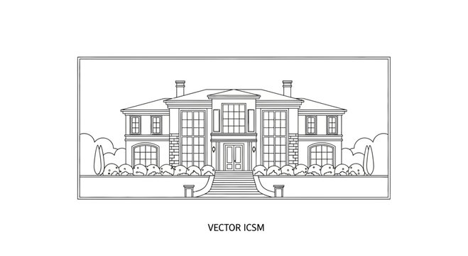 Elegant Mansion Facade, Luxury Residence Exterior, Architectural Drawing, Black and White