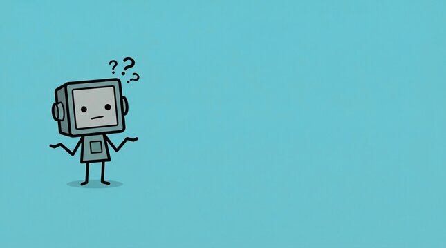 Cute robot with question marks on blue background