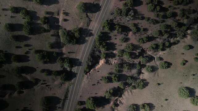 Top down aerial above two lane highway in Gila National Forest in New Mexico