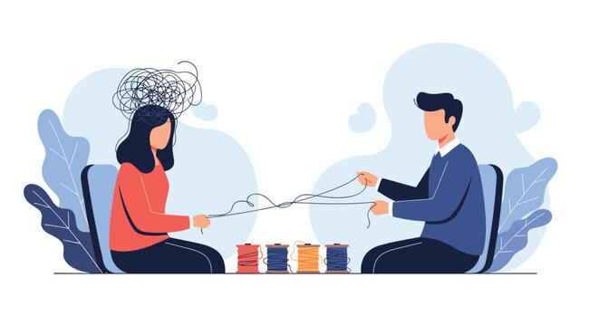 Empathetic psychologist helps a woman untangle her complex thoughts and emotions, represented by messy yarn, during a professional therapy session.