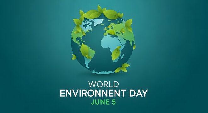 World Environment Day June 5 text with earth globe and green leaves.