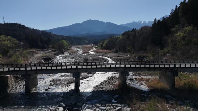 Calm river flows beneath a sturdy stone bridge. Distant mountains rise under a clear, bright sky. Trees line both banks, lush and green. No people, only nature's quiet rhythm. Ideal for travel, nature