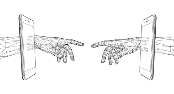 Futuristic communication concept displays two digital wireframe hands reaching towards each other from separate smartphone screens on a white background.