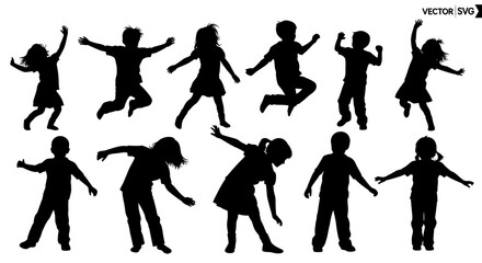 Fototapeta premium Happy Children Silhouettes Jumping and Dancing, Diverse Poses, Isolated on White