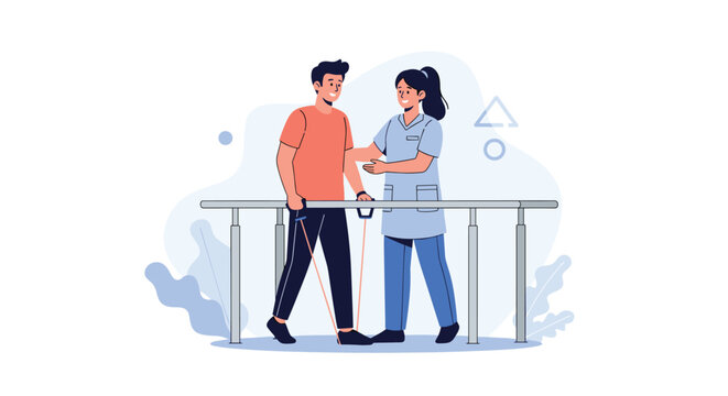 Male patient undergoes physical therapy and rehabilitation using parallel bars with the assistance of a professional medical nurse.