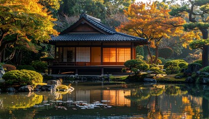 Naklejka premium Traditional Japanese Teahouse Reflected in Pond with Autumn Foliage.