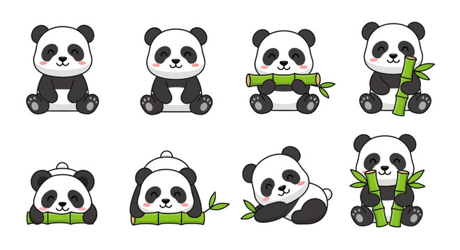 Collection of cute cartoon panda bears in various poses with green bamboo stalks