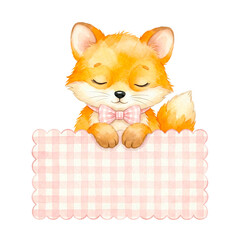 Fototapeta premium Watercolor fox with bow tie holds pink checkered sign
