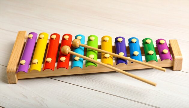Colorful xylophone with mallets on wooden surface background