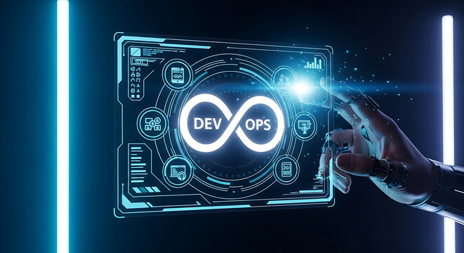 robotic hand touches devops infinity symbol on futuristic interface illustrating digital transformation in software development.