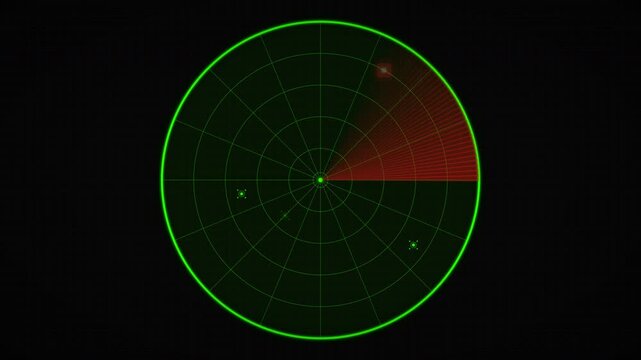 Retro radar screen displays moving targets detected by a rotating scanning beam with green grid lines on a black background