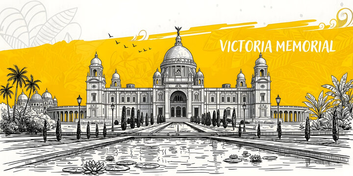 Artistic Victoria Memorial Wall Art: Hand-Drawn Line Illustration of the Kolkata Landmark with Vibrant Yellow Watercolor Accents and Elegant Architectural Sketch for Graphic Decor
