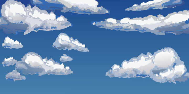 A vibrant blue sky filled with fluffy white stylized clouds