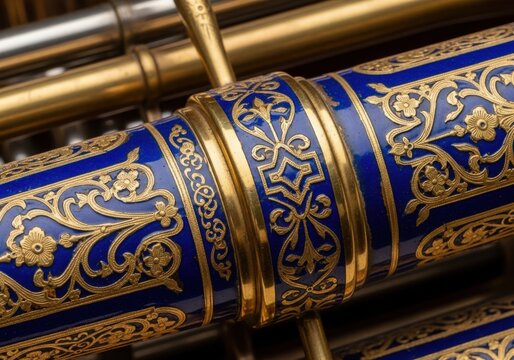 Close-up of ornate blue and gold trombone bell with intricate floral engravings