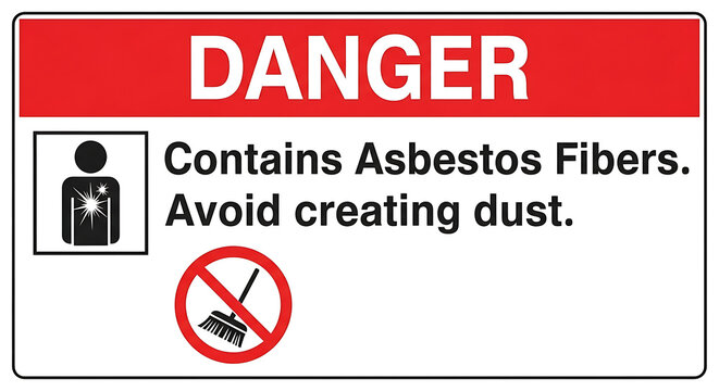 asbestos danger warning sign informing about health hazard and advising to avoid creating dust for safety regulations