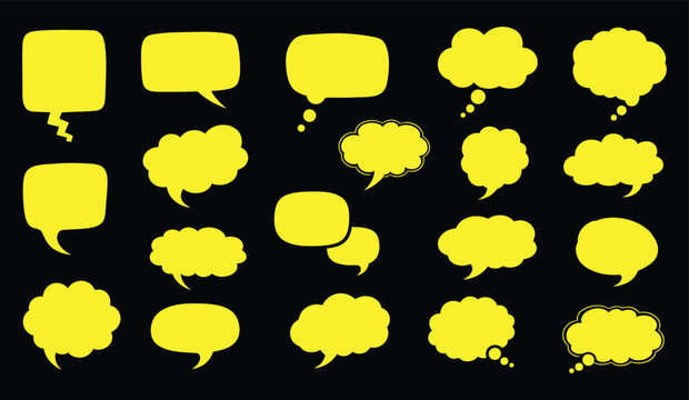 Collection of vibrant yellow comic speech bubbles and thought balloons on a dark background