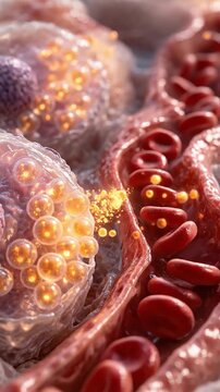 Insulin glucose blood sugar hormone medical pancreas cell secretion metabolism diabetes pathway bloodstream with red blood cell capillary close up illustration regulating glycemic control with