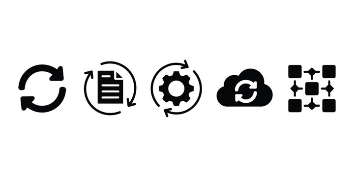 hand-drawn synchronization and workflow icon set, doodle style vector illustration, featuring cloud sync, document exchange, gear automation, process cycles, data flow, and task management, isolated