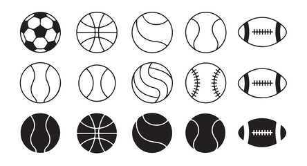 Obraz premium Vector sports equipment icons in outline and flat black style for website and mobile app.