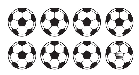 Soccer ball icons vector set in flat design with classic black and white patterns for sport. © Ms