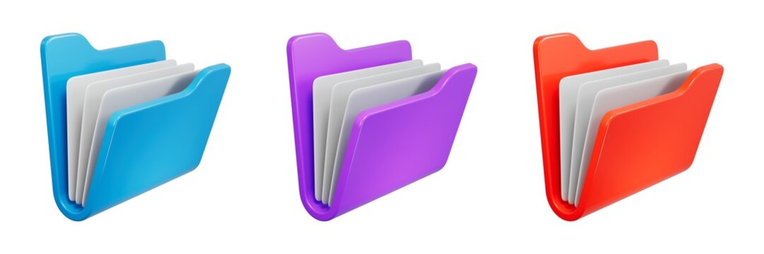 Isometric Folder icon collection with different color. Purple, blue and red folder 3d icon.