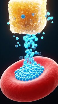 Insulin glucose blood sugar hormone medical red blood cell molecule diabetes concept, insulin guides glucose and blood sugar balance with hormone control, sugar cube and red blood cell focus
