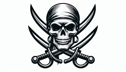 Fototapeta premium The logo features a pirate skull holding two swords, against a white background