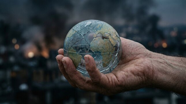 Old man's hand holding a shattered glass globe over a war-torn city background symbolizing global crisis and fragile peace