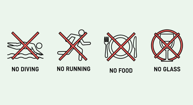 Four Prohibition Signs: No Diving, No Running, No Food, No Glass