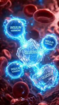 Insulin hormone glucose molecule flow through blood sugar balance action medical diabetes endocrine metabolism bloodstream endocrinology concept red blood cell regulating glucose blood sugar medical