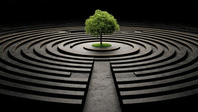 At the center of a round stone labyrinth, a green tree grows, representing the intricate complexity of life&rsquo;s path, the challenges of development, and the quest for meaning, acting as a conceptual