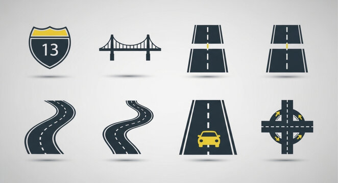 Collection of road and highway icons and symbols.